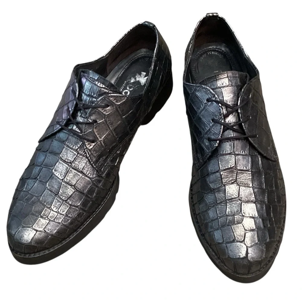 GABOR Men’s Pewter Metallic Leather‎ Lace Up Crocodile Oxford, Size 6